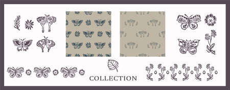Seamless background carved butterfly bug set of 2 patterns with motif and border. Rustic babies silhouette illustration background. Collection of modern beige scandi style. Soft textile fashion.のイラスト素材