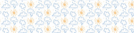 Seamless cartoon cloud with sun doodle border. Whimsical minimal gender neutral color. Kids nursery...