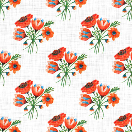 Watercolor flower motif background. Hand painted earthy whimsical seamless pattern. Modern floral linen textile for spring summer home decor. Decorative scandi style colorful nature all over print.の写真素材