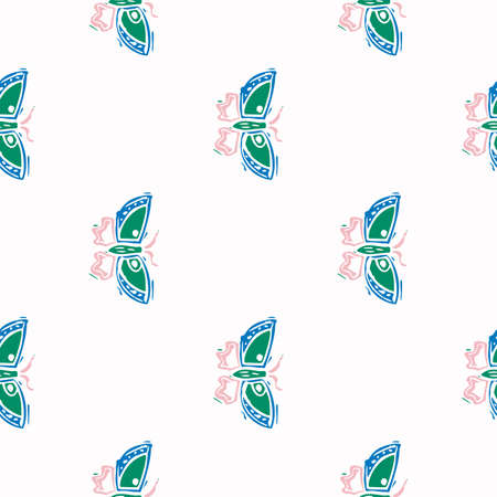 Playful fresh doodle butterfly shape seamless background. Modern trendy minimal retro style motif pattern. Hand drawn simple colorful design isolated on white. For young childish all over print.のイラスト素材