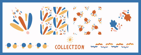 Whimsical henri matisse style cut out shape pattern set. Seamless collage retro allover print and icon motif mix collection. Hand drawn vector graphic design.のイラスト素材