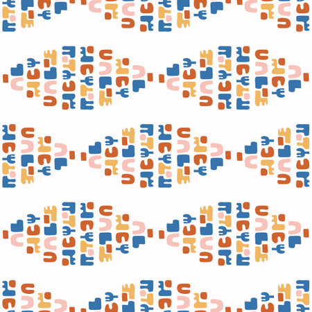 Abstract playful color style cut out shape pattern. Seamless modern simple lino cut style design for retro kids all over print. Trendy geometric home decor, kid fashion, wallpaper in vector repeat.のイラスト素材