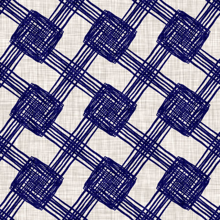 Seamless indigo geometric texture. Blue woven boro cotton dyed effect background. Japan repeat batik...