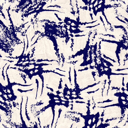 Seamless indigo distorted mottled texture. Blue woven boro cotton dyed effect background. Japan repeat batik resist pattern. Asian starry all over printの写真素材