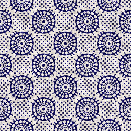 Seamless indigo circle texture. Blue woven boro cotton dyed effect background. Japan repeat batik resist pattern. Asian starry all over printの写真素材