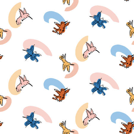 Abstract playful exotic humming bird shape pattern. Seamless modern simple collage style design for retro kids all over print. Trendy home decor, kid fashion, wallpaper in vector repeat.のイラスト素材