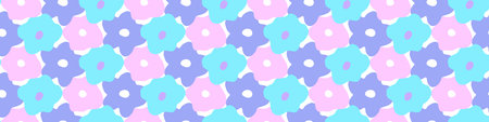 Playful neon floral seamless vector border. Colorful bold flowers in retro silhouette style. Hand...