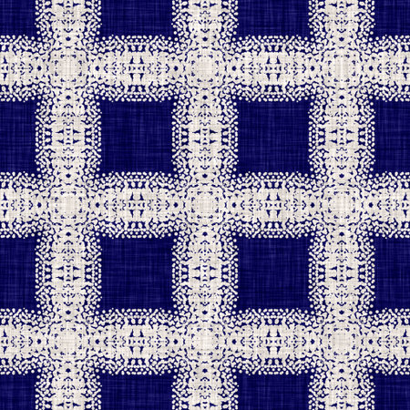 Seamless indigo geometric texture. Blue woven boro cotton dyed effect background. Japan repeat batik...
