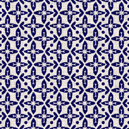 Seamless indigo geometric texture. Blue woven boro cotton dyed effect background. Japan repeat batik...