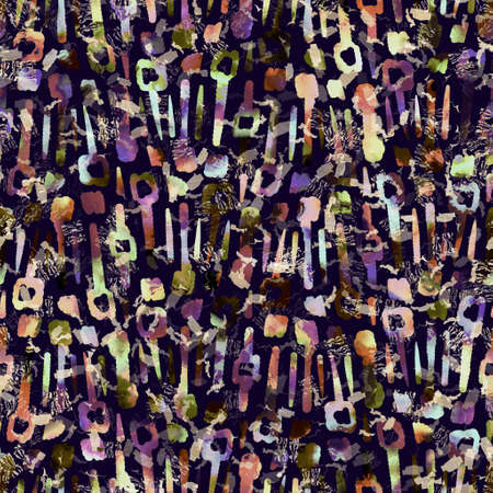 Exotic multicoloured boho geometric camouflage scatter print. Seamless autumnal dark ground detailed repeat pattern.の写真素材