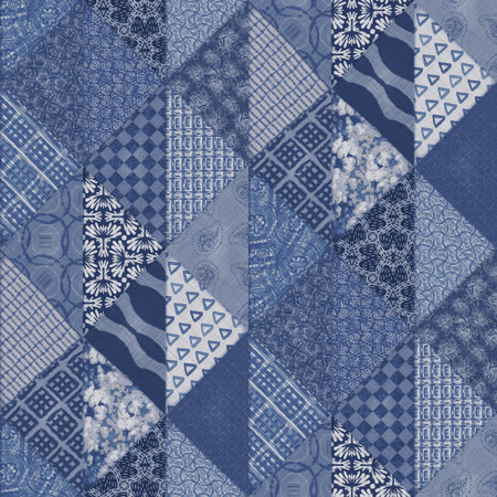 Denim western blue patchwork triangle woven texture. Indigo vintage wash printed cotton textile...
