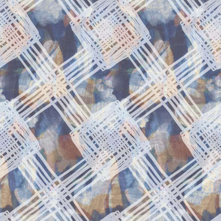 Rustic french grey geometric printed fabric. Seamless european style soft furnishing textile pattern. Batik all over digital geo print effect. Variegated blue decorative cloth. High quality raster jpgの写真素材