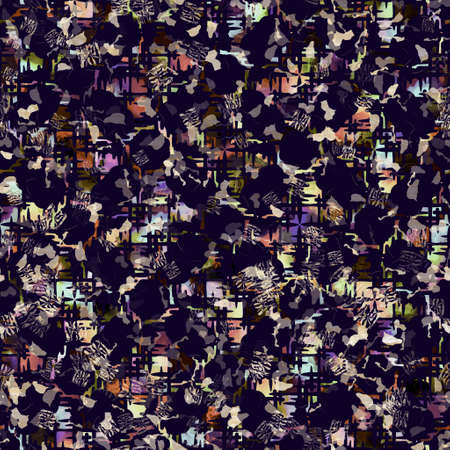Exotic multicoloured boho mottled camouflage scatter print. Seamless autumnal dark ground detailed repeat pattern.の写真素材
