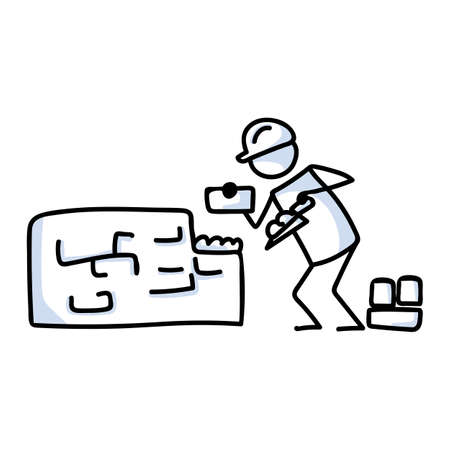 Drawn stick figure bricklaying construction worker. Tool use for industry sketchnote. Vector illustration of person on building siteのイラスト素材