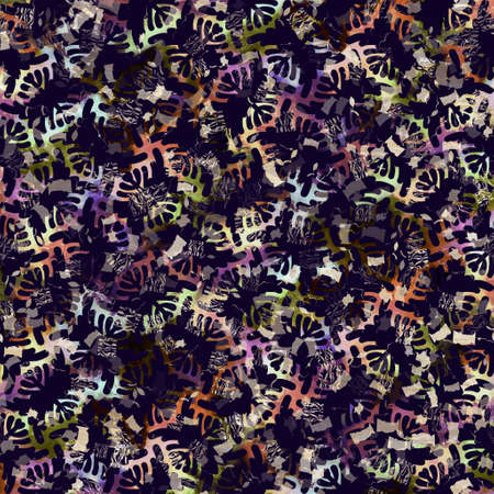 Exotic multicoloured boho floral camouflage scatter print. Seamless autumnal dark ground detailed repeat pattern.の写真素材