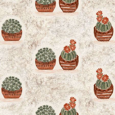 Western cactus on sand texture seamless raster pattern. Organic desert succulent plant for tileable bohemian illustration backdrop.の写真素材
