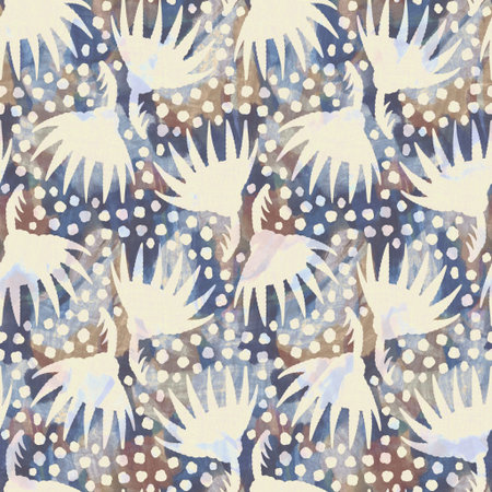 Rustic french grey leaf printed fabric. Seamless european style soft furnishing textile pattern. Batik all over digital foliage print effect. Variegated blue decorative cloth. High quality raster jpgの写真素材