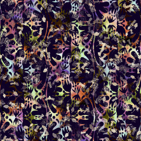 Exotic multicoloured boho floral camouflage scatter print. Seamless autumnal dark ground detailed repeat pattern.の写真素材