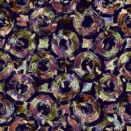 Exotic multicoloured boho geometric camouflage scatter print. Seamless autumnal dark ground detailed repeat pattern.の写真素材