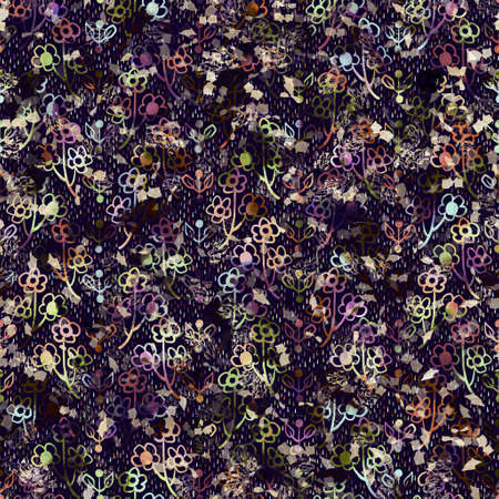 Exotic multicoloured boho floral camouflage scatter print. Seamless autumnal dark ground detailed repeat pattern.の写真素材