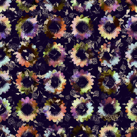 Exotic multicoloured boho floral camouflage scatter print. Seamless autumnal dark ground detailed repeat pattern.の写真素材