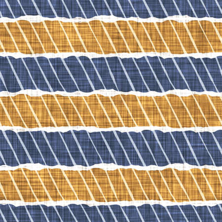 Seamless French country kitchen stripe fabric pattern print. Blue yellow white horizontal striped background. Batik dye provence style rustic woven cottagecore textile.の写真素材