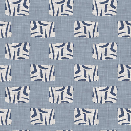 French blue geometric linen seamless pattern. Tonal farmhouse cottage style abstract grid...