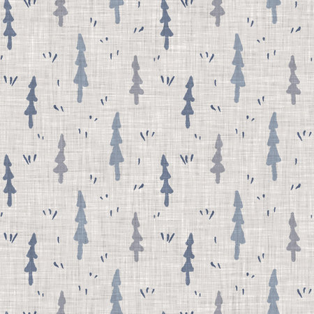 French blue botanical leaf linen seamless pattern with 2 tone country cottage style motif. Simple...