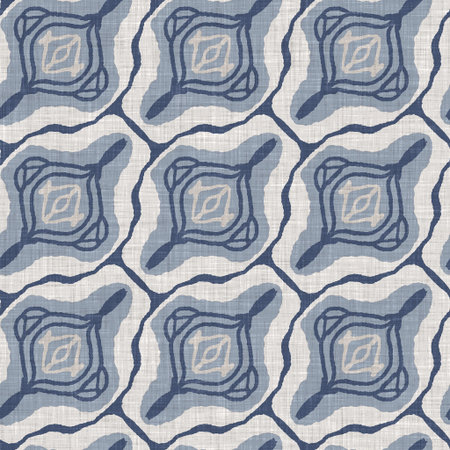 French blue geometric linen seamless pattern. Tonal farmhouse cottage style abstract grid...