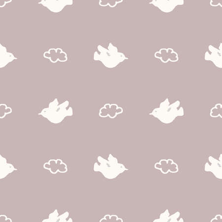 Calm newborn minimal bird seamless pattern. Gender neutral baby nursery decor background. Scandi style sketch wallpaper background tile or toddler inclusive apparel fashion.のイラスト素材