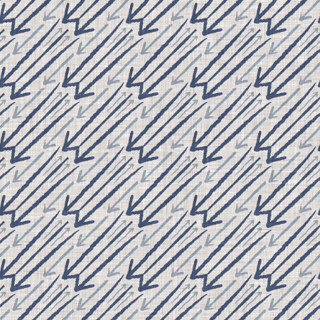French blue doodle motif linen seamless pattern. Tonal country cottage style abstract scribble motif background. Simple vintage rustic fabric textile effect. Primitive drawing shabby chic cloth.の写真素材