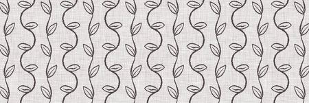 French grey botanical leaf linen border pattern with 2 tone country cottage style motif. Simple...