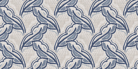 French blue botanical leaf linen seamless border with 2 tone country cottage style motif. Simple...