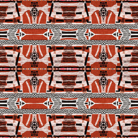 Brown safari animal print patchwork stripe seamless pattern. Natural quilt clash style in brown printed fabric effect. Modern ethnic tribal abstract africa inspired linear patched backgroundの写真素材