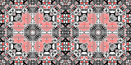 Red black seamless arabesque bandana border pattern. Modern masculine fashion neckerchief geometric...