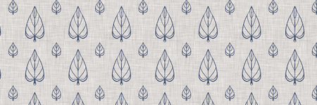 French blue botanical leaf linen seamless border with 2 tone country cottage style motif. Simple...