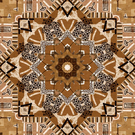 Brown safari animal print patchwork seamless pattern. Natural quilt clash damask style in brown printed fabric effect. Modern tribal abstract africa inspired craft backgroundの写真素材