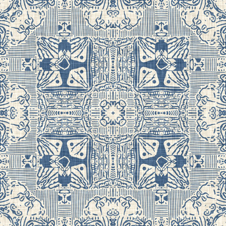 French blue linen effect geometric pattern. Classic 2 tone European neutral grey woven textile...