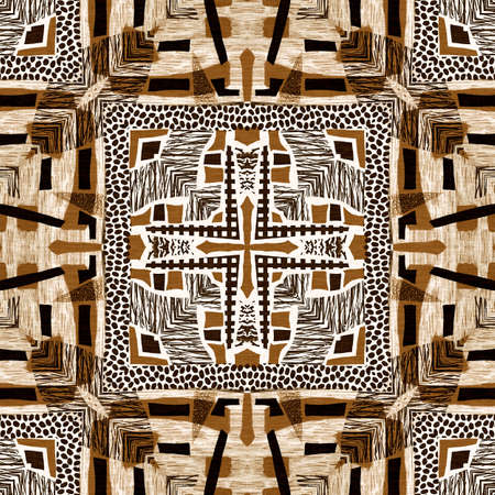 Brown safari animal print patchwork seamless pattern. Natural quilt clash damask style in brown printed fabric effect. Modern tribal abstract africa inspired craft backgroundの写真素材