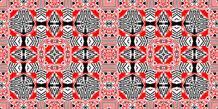 Red black seamless arabesque bandana border pattern. Modern masculine fashion neckerchief geometric scarf edging trim. Abstract endless graphic tape banner.の写真素材