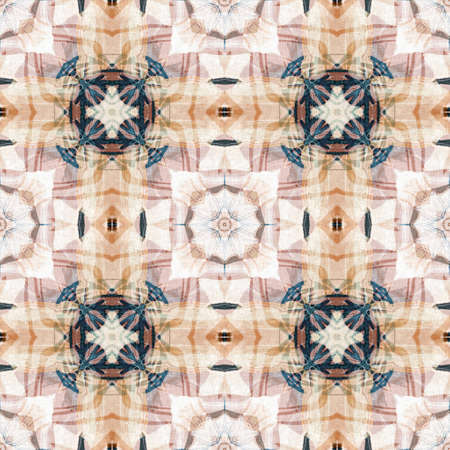 Retro boho geometric kaleidoscope scarf pattern background. Colorful vintage azulejos effect damask shawl textile print tile.の写真素材