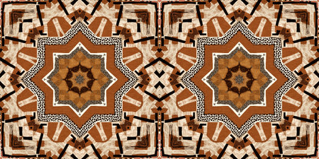 Brown safari animal print patchwork seamless border pattern. Natural quilt clash damask style in...