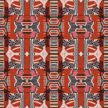 Brown safari animal print patchwork stripe seamless pattern. Natural quilt clash style in brown printed fabric effect. Modern ethnic tribal abstract. Africa inspired linear patched background.の写真素材