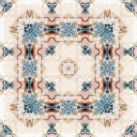 Retro boho geometric kaleidoscope scarf pattern background. Colorful vintage azulejos effect damask...