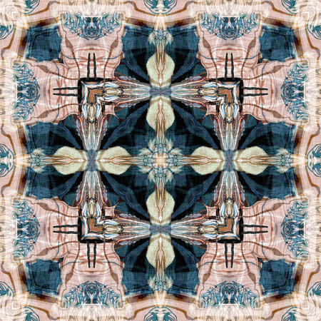 Retro boho geometric kaleidoscope scarf pattern background. Colorful vintage azulejos effect damask...