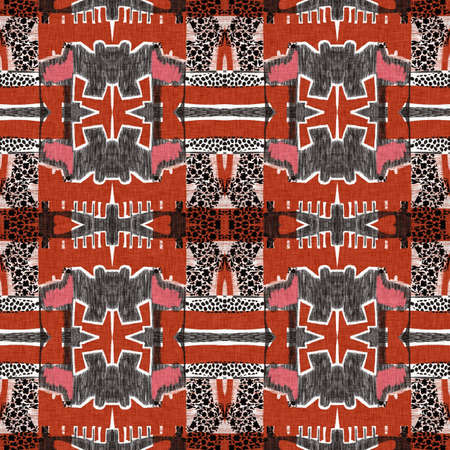 Brown safari animal print patchwork stripe seamless pattern. Natural quilt clash style in brown printed fabric effect. Modern ethnic tribal abstract. Africa inspired linear patched background.の写真素材