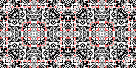 Red black seamless arabesque bandana border pattern. Modern masculine fashion neckerchief geometric...