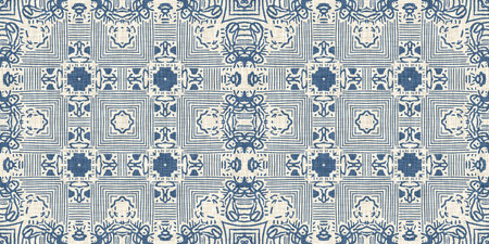 French blue linen effect geometric border pattern. Classic 2 tone European neutral grey woven...
