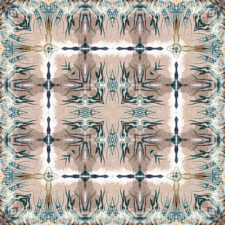 Retro boho geometric kaleidoscope scarf pattern background. Colorful vintage azulejos effect damask...