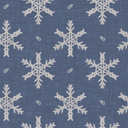 Seamless christmas snowflake woven linen pattern. Two tone seasonal farmhouse blue frost background....